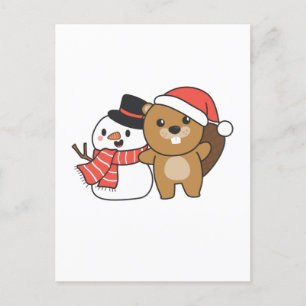 Postal Festiva castor Con Snowman En Invierno En Los Navidades