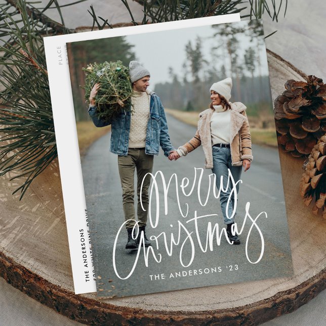 Postal Festiva Casual Hand-Lettered Script Merry Christmas Photo (Subido por el creador)