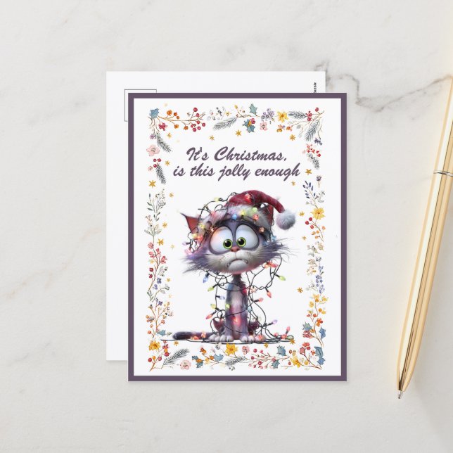 Postal Festiva Cat and Lights It's Christmas Is This Jolly Enough (Anverso/Reverso In Situ)