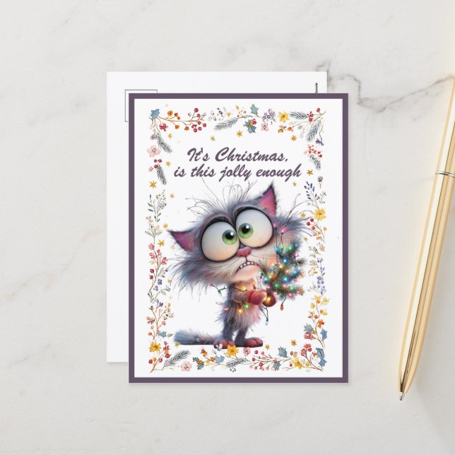 Postal Festiva Cat and Lights It's Christmas Is This Jolly Enough (Anverso/Reverso In Situ)