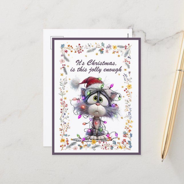 Postal Festiva Cat and Lights It's Christmas Is This Jolly Enough (Anverso/Reverso In Situ)