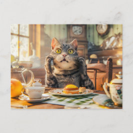 Postal Festiva Cat at breakfast table with croissants and juice