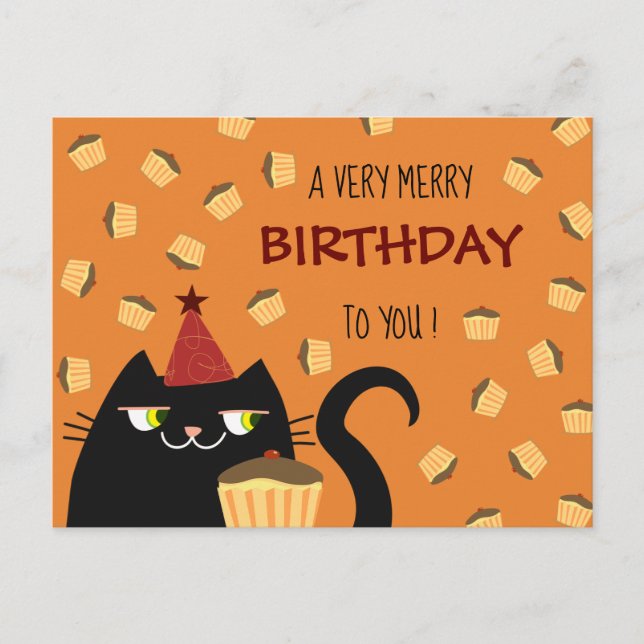 Postal Festiva Cat Black Cute Cumpleaños Pastel Vibrante Colores  (Anverso)