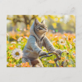 Postal Festiva Cat in hoodie cycling across summer meadow