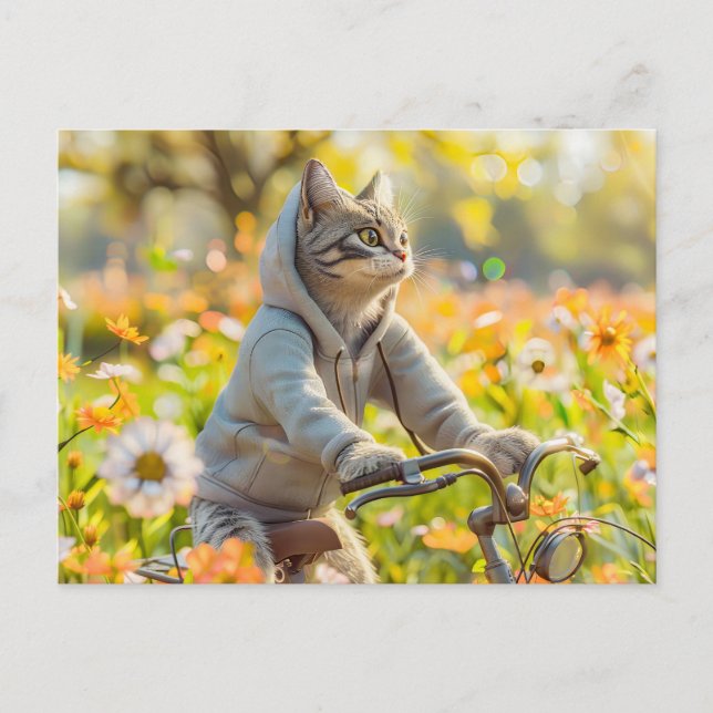 Postal Festiva Cat in hoodie cycling across summer meadow (Anverso)