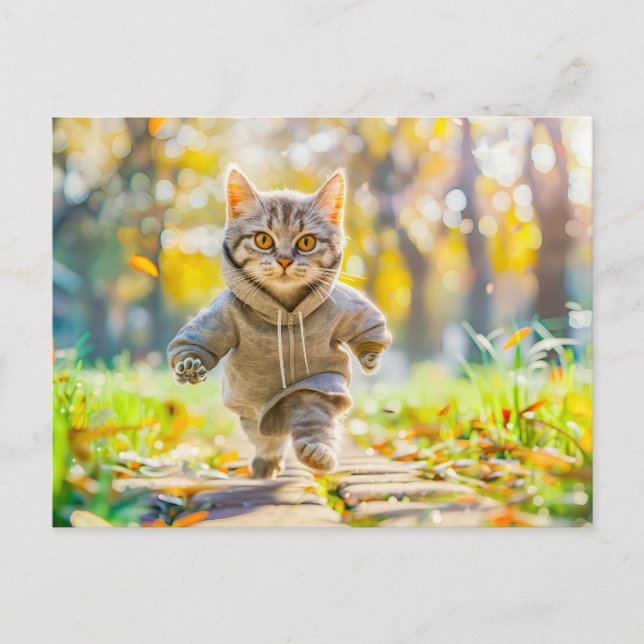 Postal Festiva Cat in hoodie jogging through green park (Anverso)