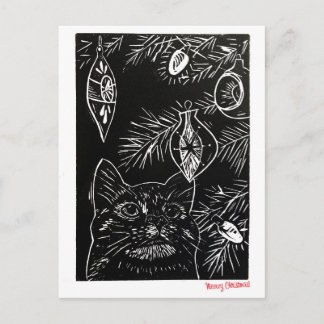 Postal Festiva Cat Linocut Christmas Postcard
