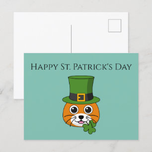 Postal Festiva Cat w Gorra y Shamrock St Patrick's   Personalizar