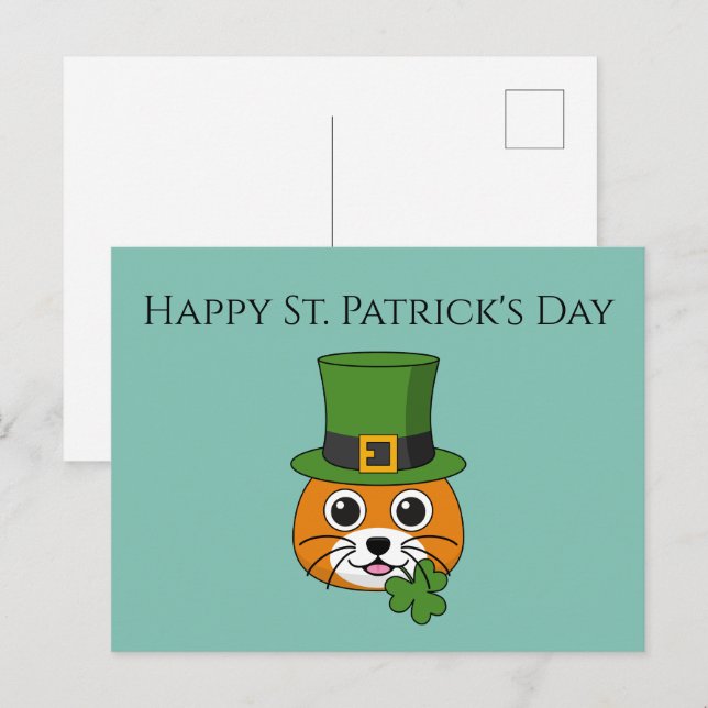 Postal Festiva Cat w Gorra y Shamrock St Patrick's | Personalizar (Anverso / Reverso)