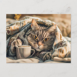 Postal Festiva Cat with coffee and book in cozy blanket