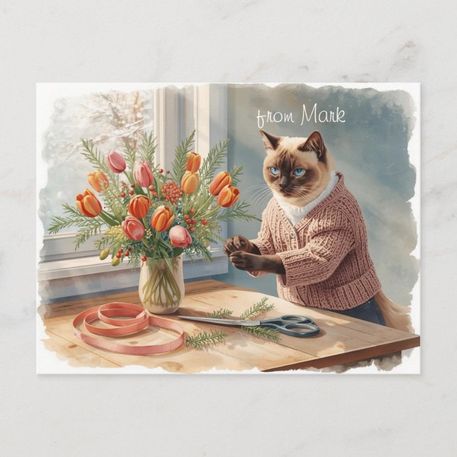Postal Festiva Cat with Flowers  Winter Christmas Collection (Anverso)
