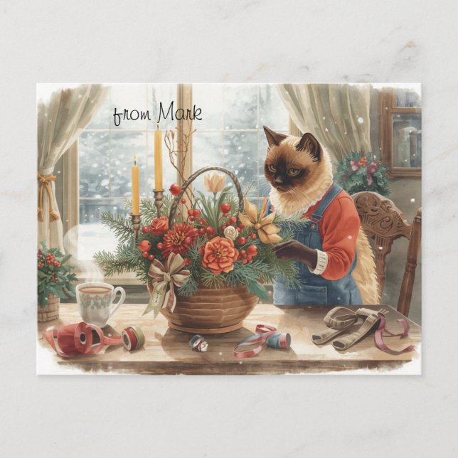 Postal Festiva Cat with Flowers  Winter Christmas Collection (Anverso)