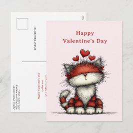 Postal Festiva Cat with Red Love Hearts Cute Fun Valentine's Day