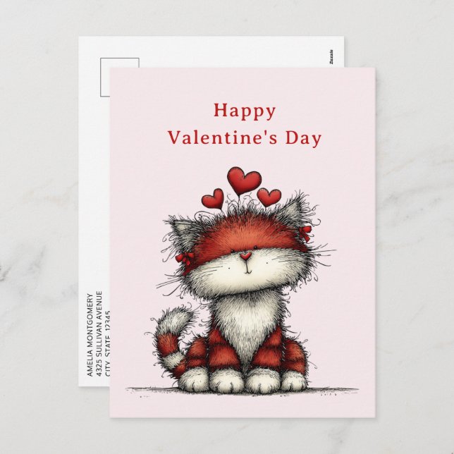 Postal Festiva Cat with Red Love Hearts Cute Fun Valentine's Day (Anverso / Reverso)