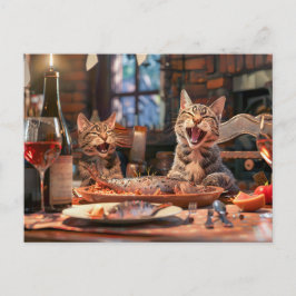 Postal Festiva Cats dining on fish with wine indoors