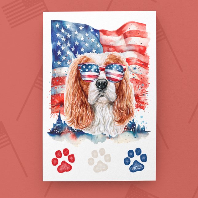 Postal Festiva Cavalier Spaniel perro rojo blanco azul 4 de julio (Subido por el creador)