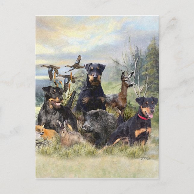 Postal Festiva Caza con Jagdterriers , arte (Anverso)