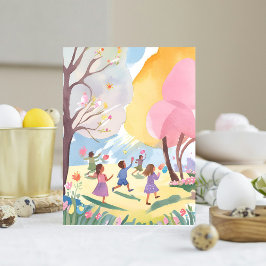 Postal Festiva Caza de huevos de Pascua pastel floral hecha a man