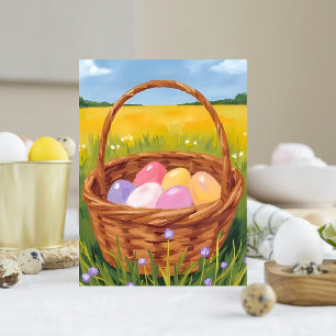 Postal Festiva Caza de Huevos en Cesta de Pascua Acuarela Pastel