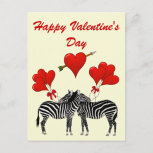 Postal Festiva Cebras románticas y corazones Valentines