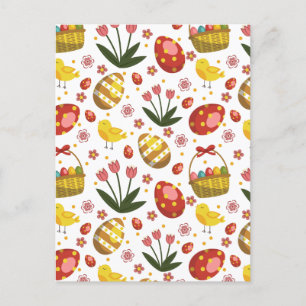 Postal Festiva Celebración de Flores Huevos Pollitos de Pascua