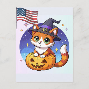 Postal Festiva Celebración de Gato Bruja Kawaii Calabaza de Hallo