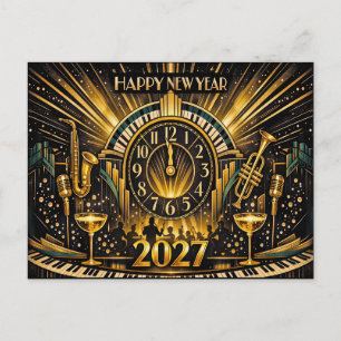 Postal Festiva Celebración Glamurosa de Año Nuevo Jazz Art Déco e