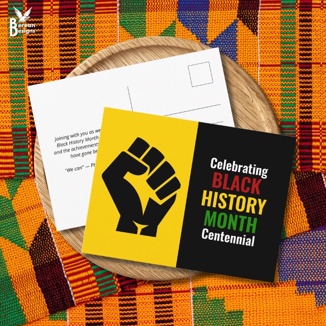 Postal Festiva Celebrating Black History Month Centennial (BLACK HISTORY MONTH CENTENNIAL card to celebrate 100 Years of Black Pride. Design incl power fist)