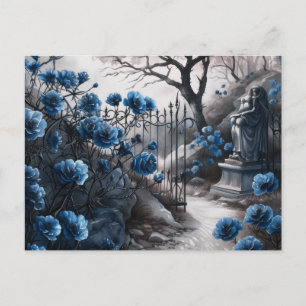 Postal Festiva Cementerio Camposanto Azul Floral Hermoso Hallowee