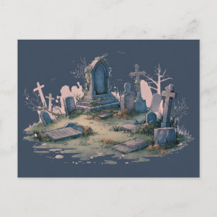 Postal Festiva Cementerio espeluznante de Halloween gris azul osc