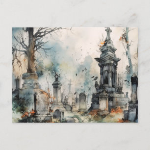 Postal Festiva Cementerio gris espeluznante y hermoso de Hallowee