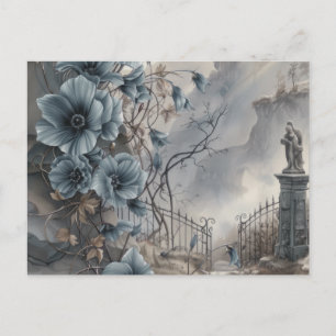 Postal Festiva Cementerio Panteón Azul Floral Hermoso Halloween