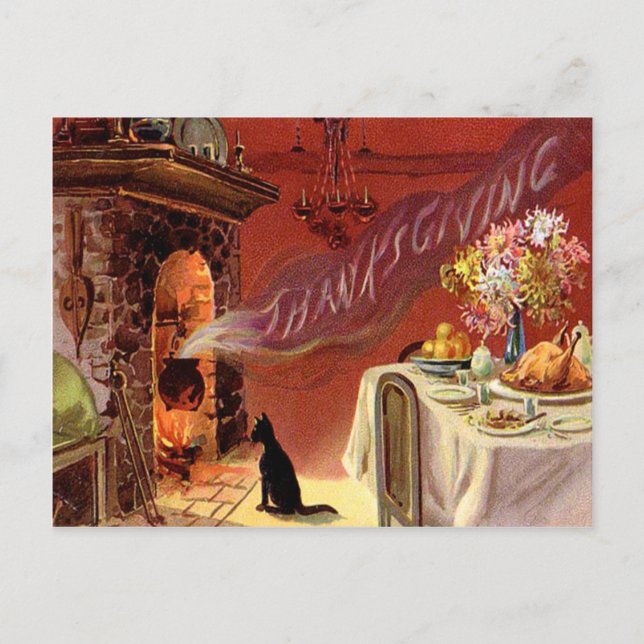 Postal Festiva Cena de Acción de Gracias, gato negro, chimenea de (Anverso)