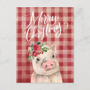 Postal Festiva Cerdo de Navidades de Red Plaid