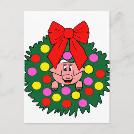 Postal Festiva Cerdo en la corona de Navidades
