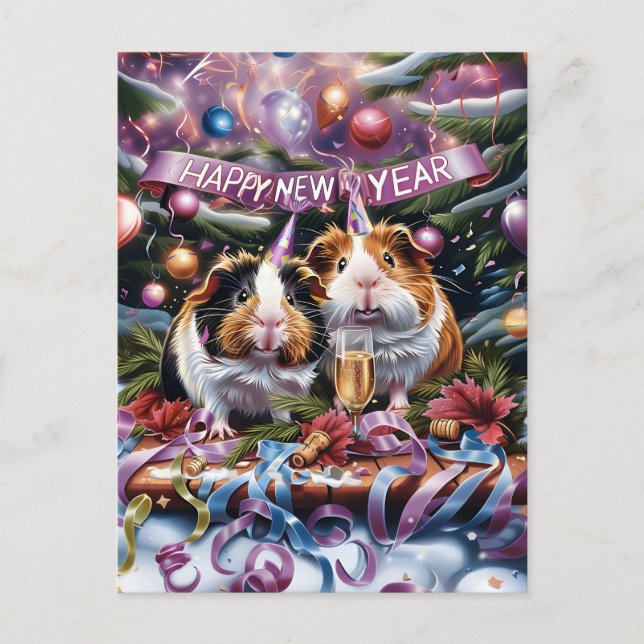 Postal Festiva Cerdos de Guinea Feliz Año Nuevo (Anverso)