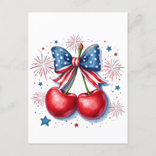 Postal Festiva Cerezas con Coquette Bow 4 de Julio Americano