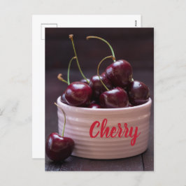 Postal Festiva Cerezas en cuenco rosa para el amante de la fruta