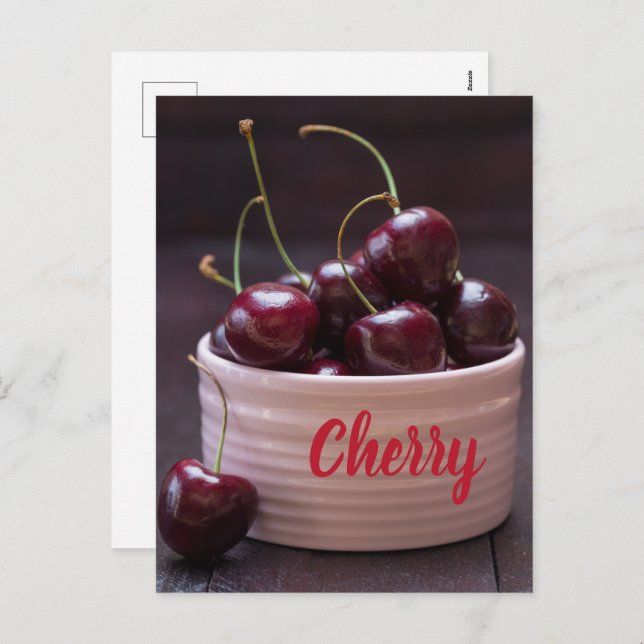 Postal Festiva Cerezas en cuenco rosa para el amante de la fruta (Anverso / Reverso)