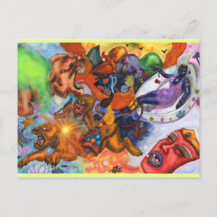 Postal Festiva ceros acuarelas montando amor a diosa leona