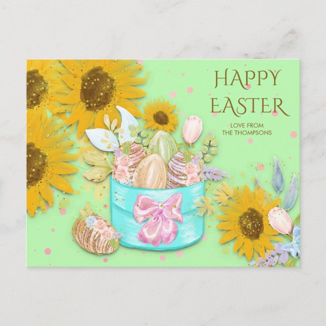 Postal Festiva Cesta de girasoles Feliz Año Pascua Nombre Huevos  (Anverso)