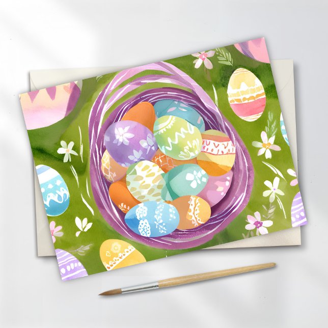 Postal Festiva Cesta de Huevo de Pascua | Acuarela Pastel de prim (Subido por el creador)