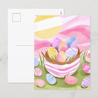 Postal Festiva Cesta de Huevo de Pascua Rosa | Acuarela Pastel