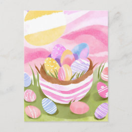Postal Festiva Cesta de Huevo de Pascua Rosa | Acuarela Pastel