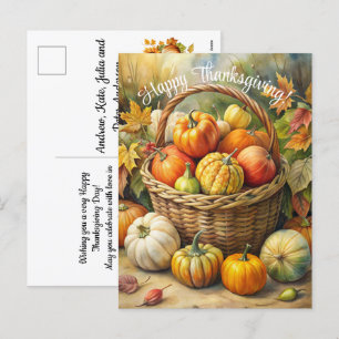 Postal Festiva Cesta de mimbre con calabazas Feliz Día de Acción