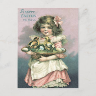 Postal Festiva Cesta de Pascua de niña linda con huevo de colores