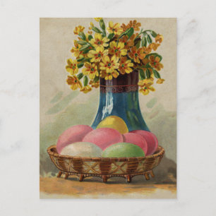 Postal Festiva Cesta de Pascua Huevos Flores Antigua