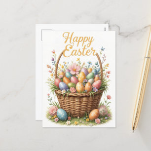 Postal Festiva Cesta feliz de Pascua con huevos coloridos