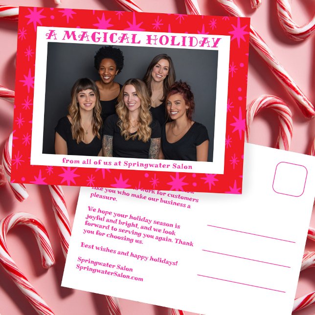 Postal Festiva Cheerful Stars Pink Christmas Custom Business (Cheerful Stars Pink Red Christmas Custom Photo Office Salon Small Business Holiday Postcard
)