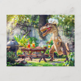 Postal Festiva Chef de dinosaurios en una barbacoa en el jardín
